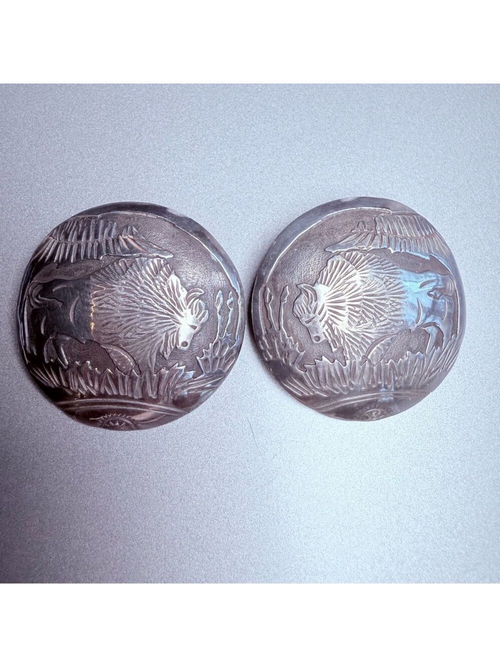 Native American Navajo G&J Runnels Buffalo Sterling Silver Concho 1.5" Earrings